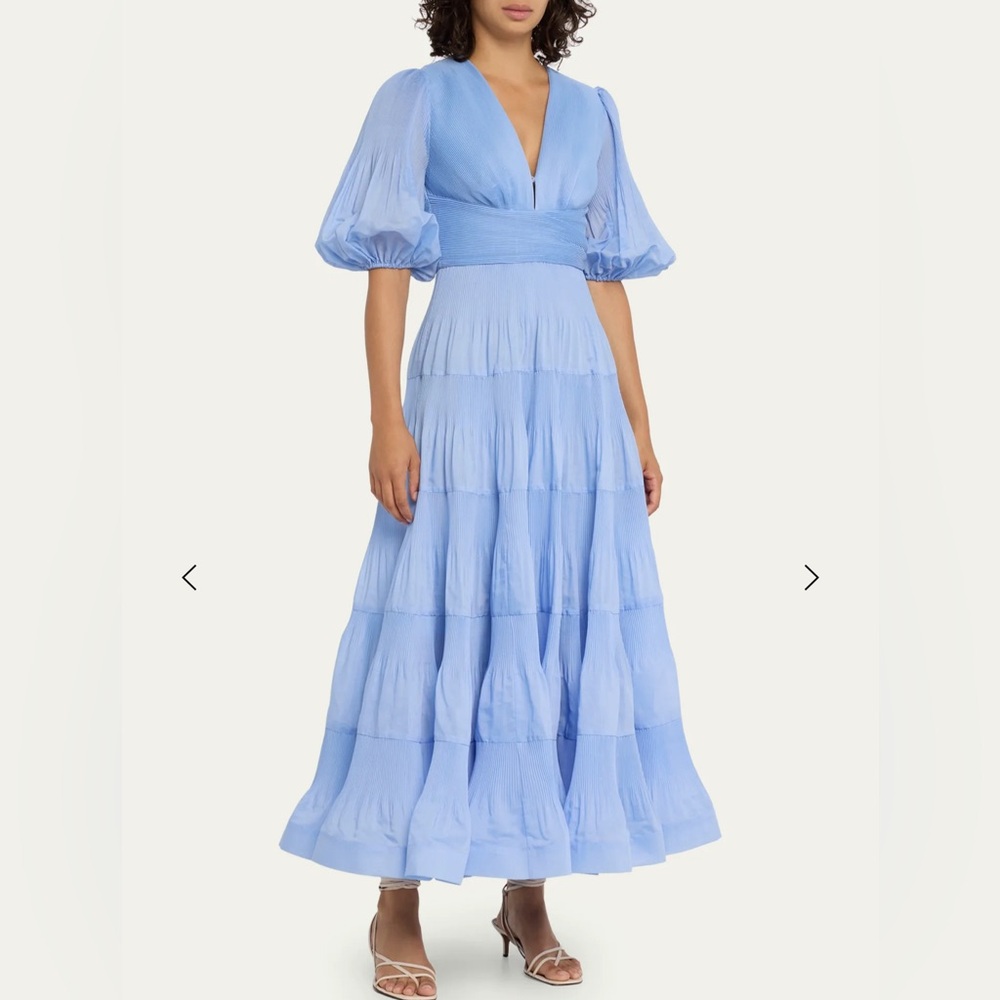 NWT Zimmermann midi dress, blue V-neckline puffed sleeves a full skirt.